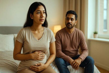 Indian couple reflecting on pregnancy journey after ectopic experience