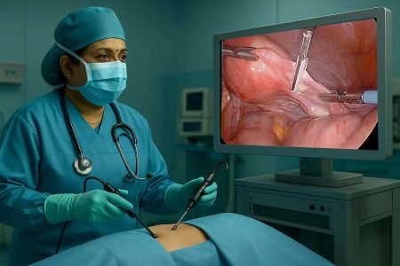 Dr. Madhu Goel performing laparoscopy with instruments, showing live laparoscopic view of uterus and fallopian tubes on monitor.
