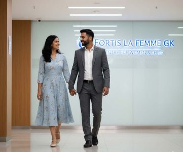 Hopeful couple leaving Fortis La Femme GK after infertility treatment laparoscopy recovery.