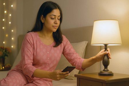 Indian woman turning off light before sleep