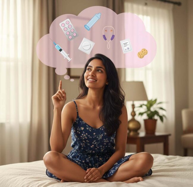woman thinking about different contraception method options