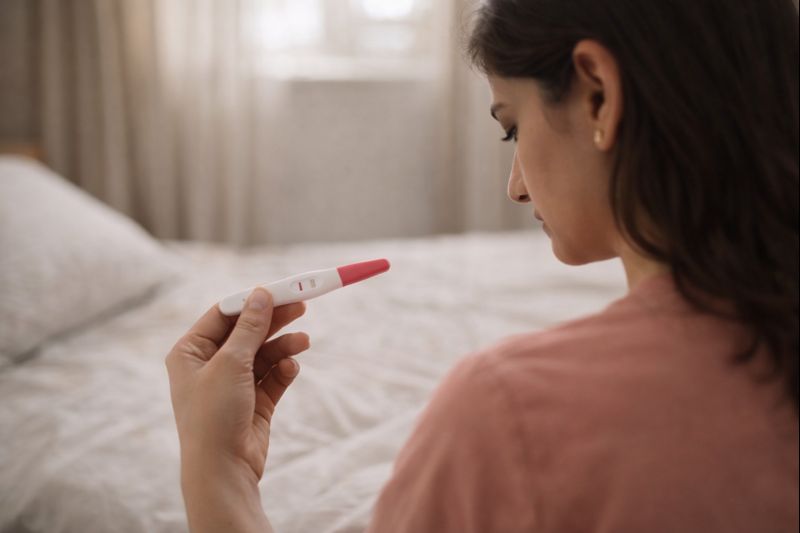 Woman holding a positive pregnancy test while seeking clarity on abortion laws in India