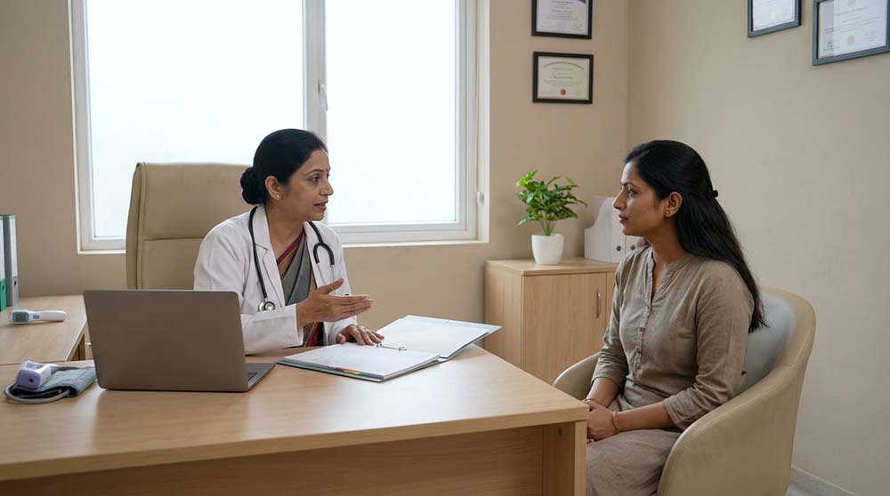 doctor explaining miscarriage causes to patient in clinic