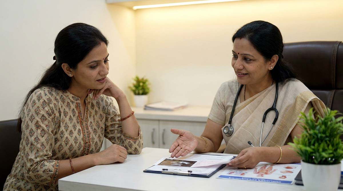 Gynaecologist explaining early pregnancy ultrasound findings to patient
