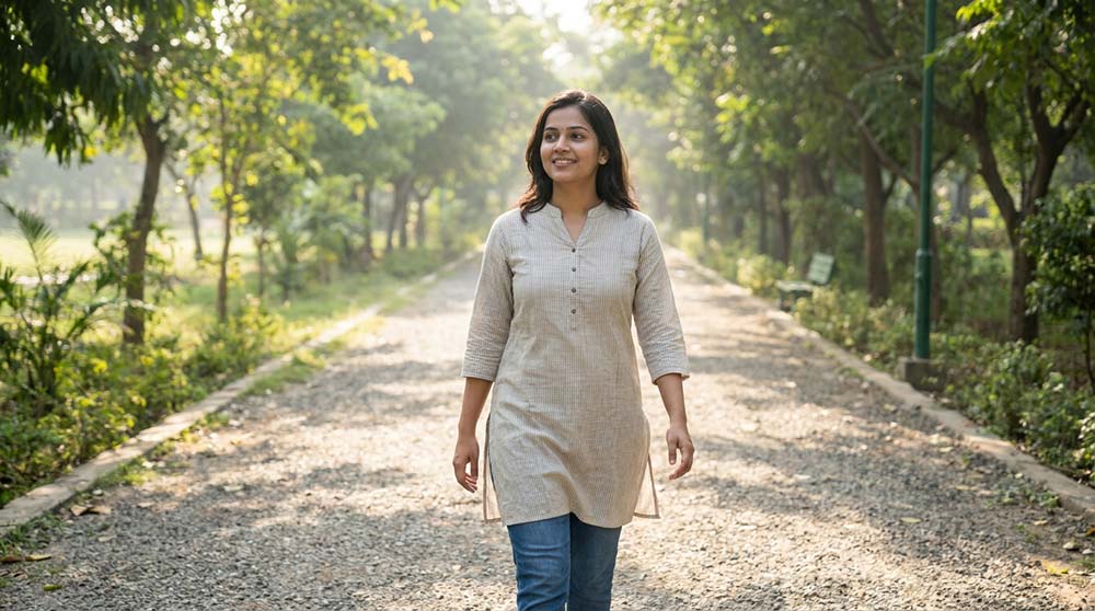 Woman walking outdoors after early pregnancy recovery — planning next pregnancy