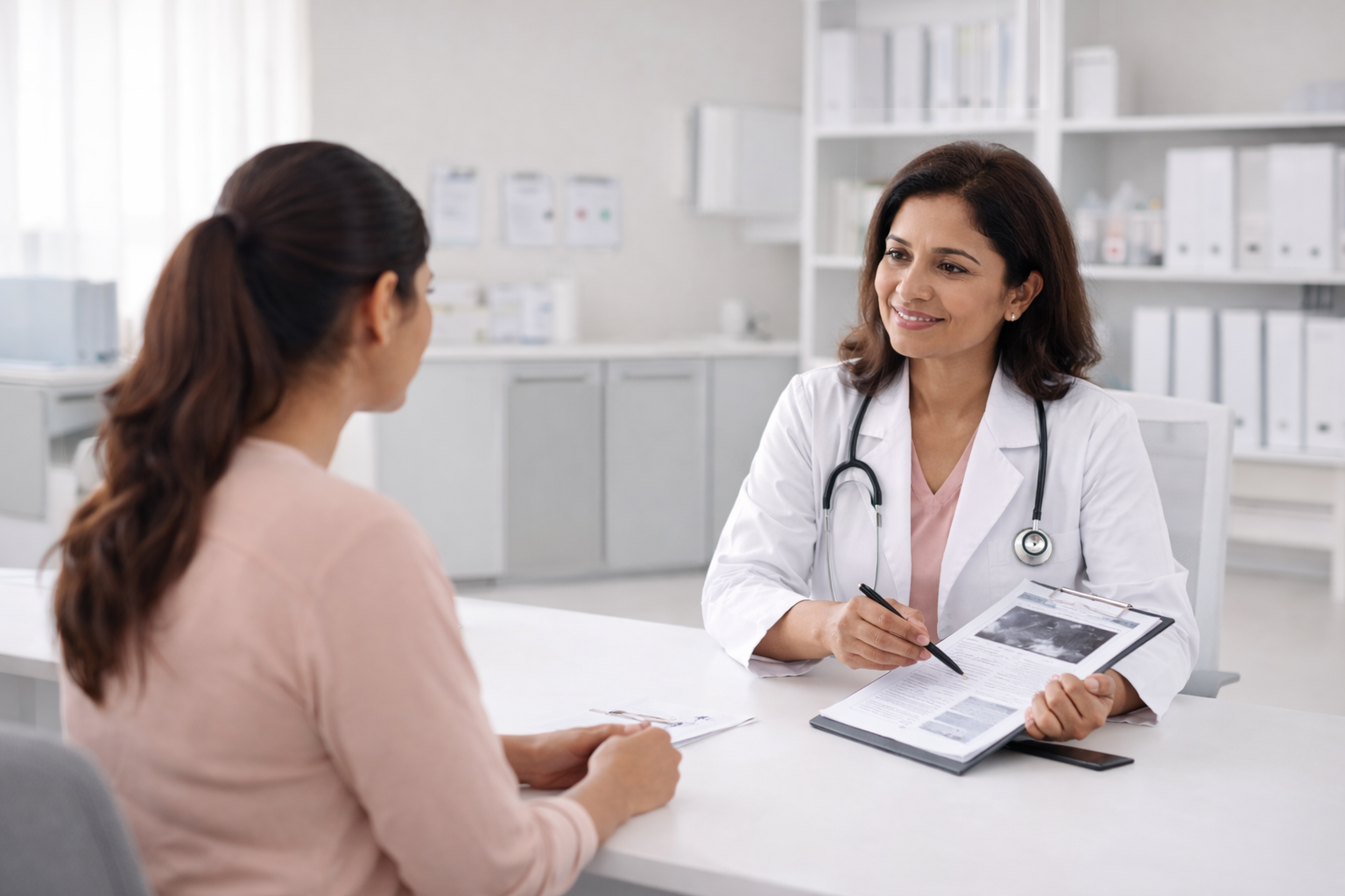 doctor explaining diagnosis and recovery plan to patient calmly