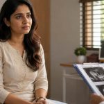 Indian woman discussing early pregnancy bleeding symptoms during gynecology consultation