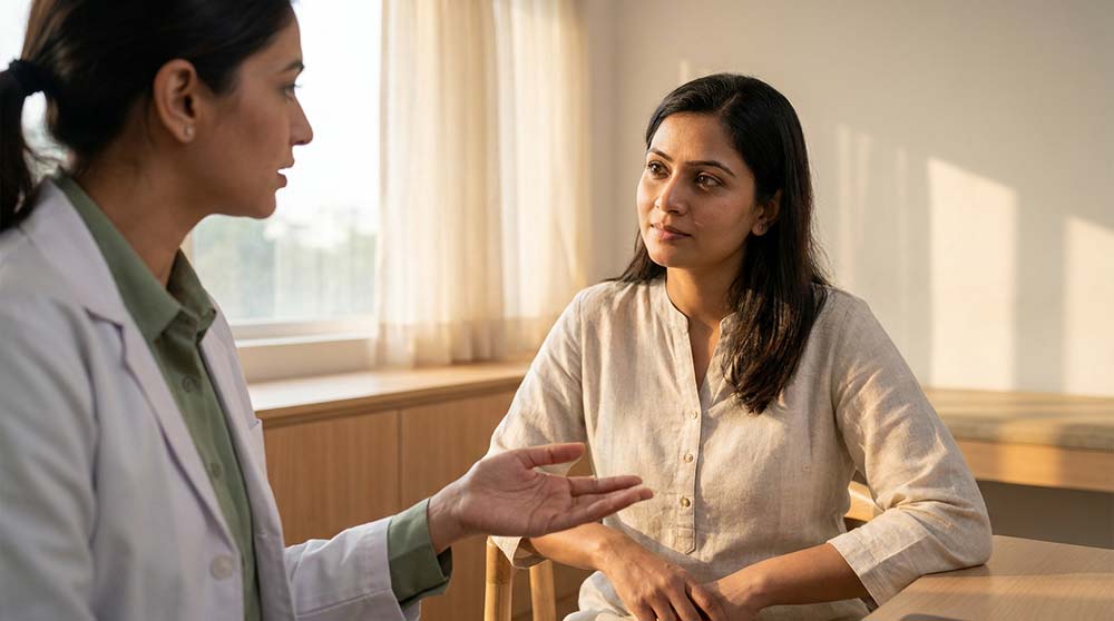 Indian woman discussing pregnancy bleeding concerns with gynecologist during clinic consultation