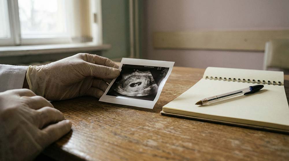 Doctor reviewing ultrasound during early pregnancy bleeding consultation with patient