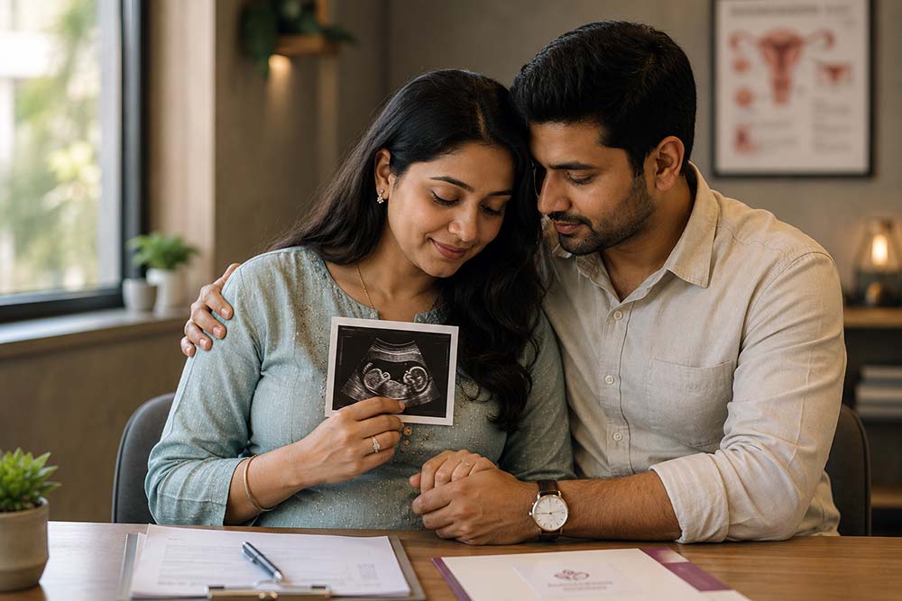 Indian gynecologist explaining pregnancy after miscarriage care to anxious couple