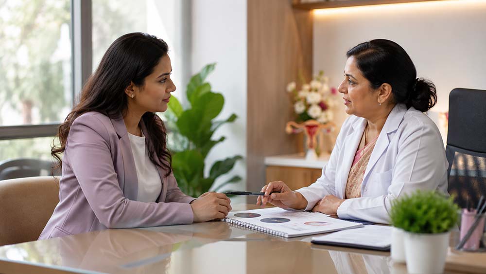 Doctor discussing fertility planning with woman during healthcare consultation