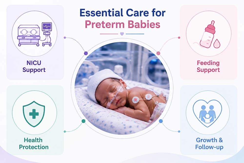 Premature baby receiving NICU care with feeding, health, and follow-up support infographic.