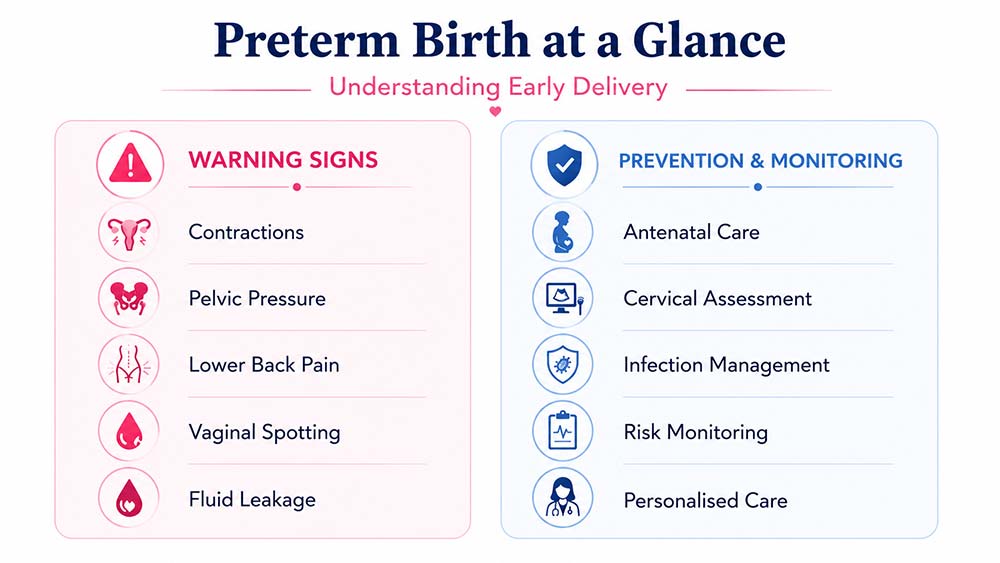 Infographic showing preterm birth warning signs and prevention strategies.