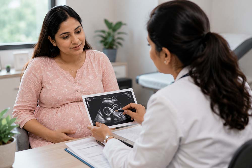Obstetrician explains ultrasound findings during personalised high-risk pregnancy consultation