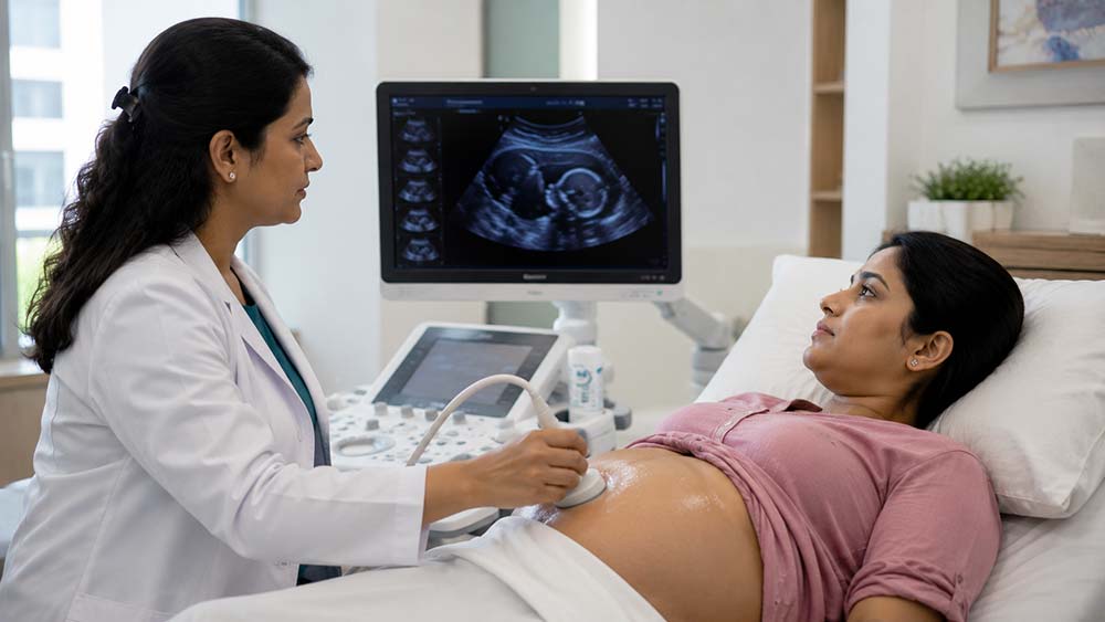 Obstetrician performing ultrasound for high-risk pregnancy foetal monitoring assessment