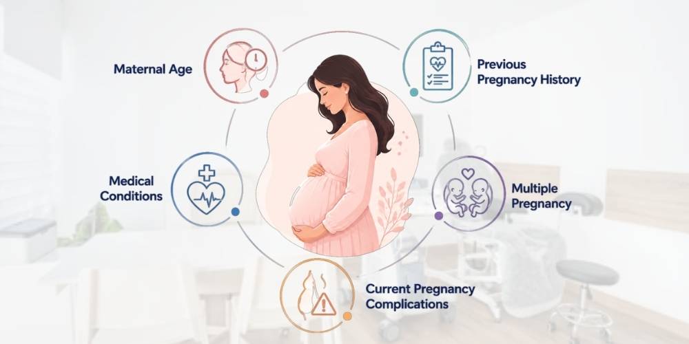 Infographic showing five common risk factors for high-risk pregnancy care