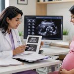 High-risk pregnancy tests discussed by obstetrician with pregnant woman