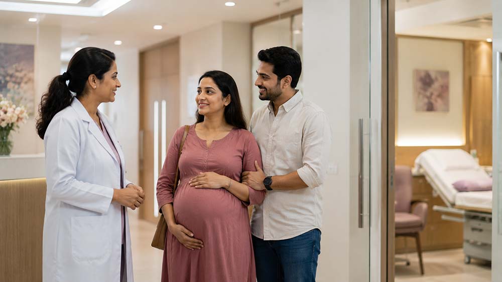 Pregnant couple receiving personalised high-risk pregnancy care guidance today