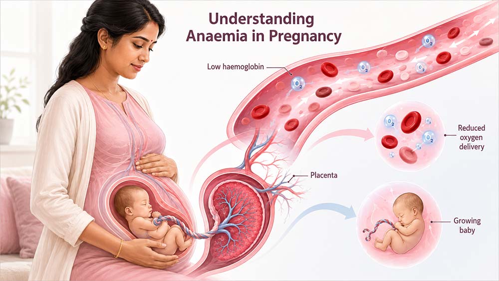 Anaemia in pregnancy showing low haemoglobin and reduced oxygen delivery.