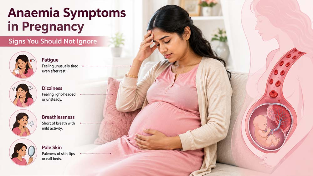 Pregnant woman showing fatigue, dizziness, breathlessness, and pale skin.