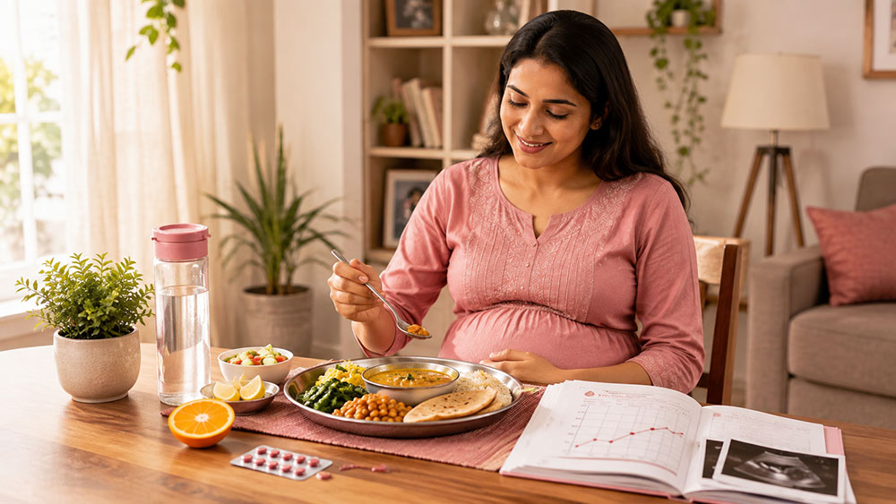 Pregnant woman following iron-rich nutrition, supplementation and haemoglobin monitoring to help prevent anaemia.