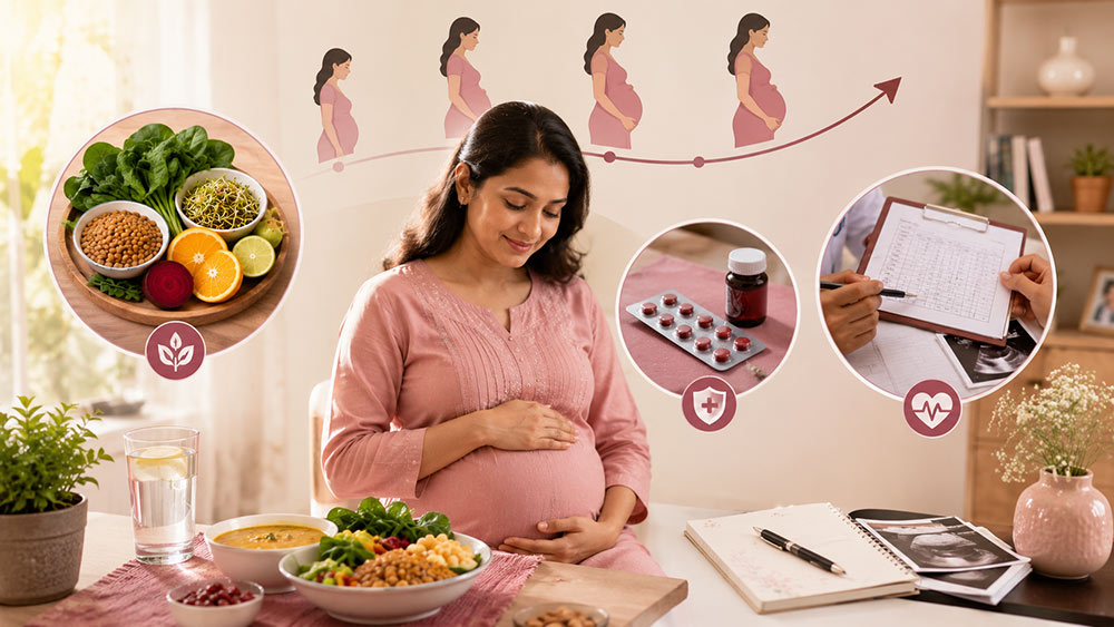 Pregnant woman following iron-rich nutrition, supplementation and antenatal monitoring for anaemia prevention.