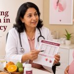 Pregnant woman discussing early anaemia prevention and iron support with gynaecologist.