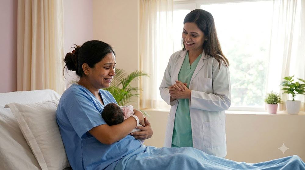Mother and newborn receiving care after foetal growth restriction pregnancy
