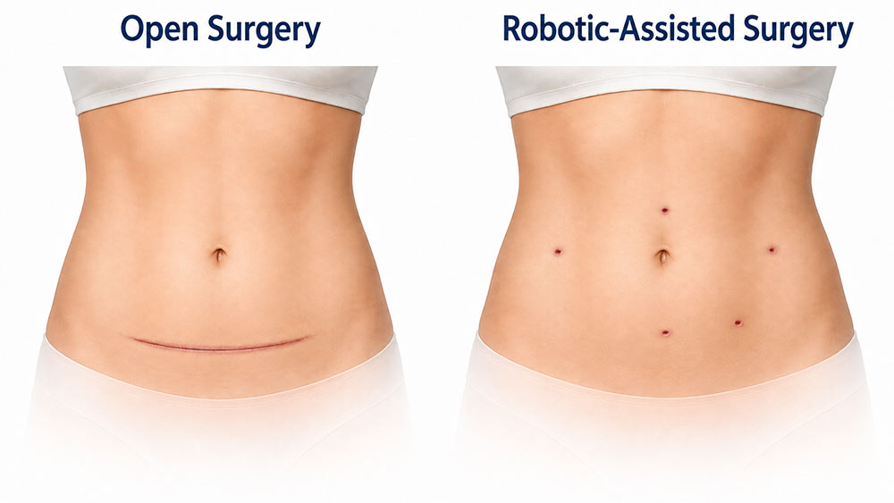 Open surgery scar compared with robotic-assisted incision marks