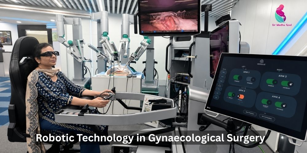 Dr Madhu Goel working with robotic gynaecology surgery system