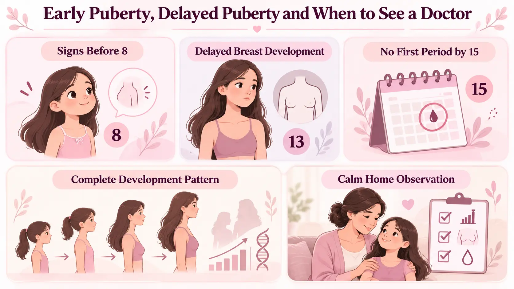 Early and delayed puberty signs needing medical assessment.