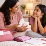 Mother preparing daughter for first period with essential menstrual supplies.