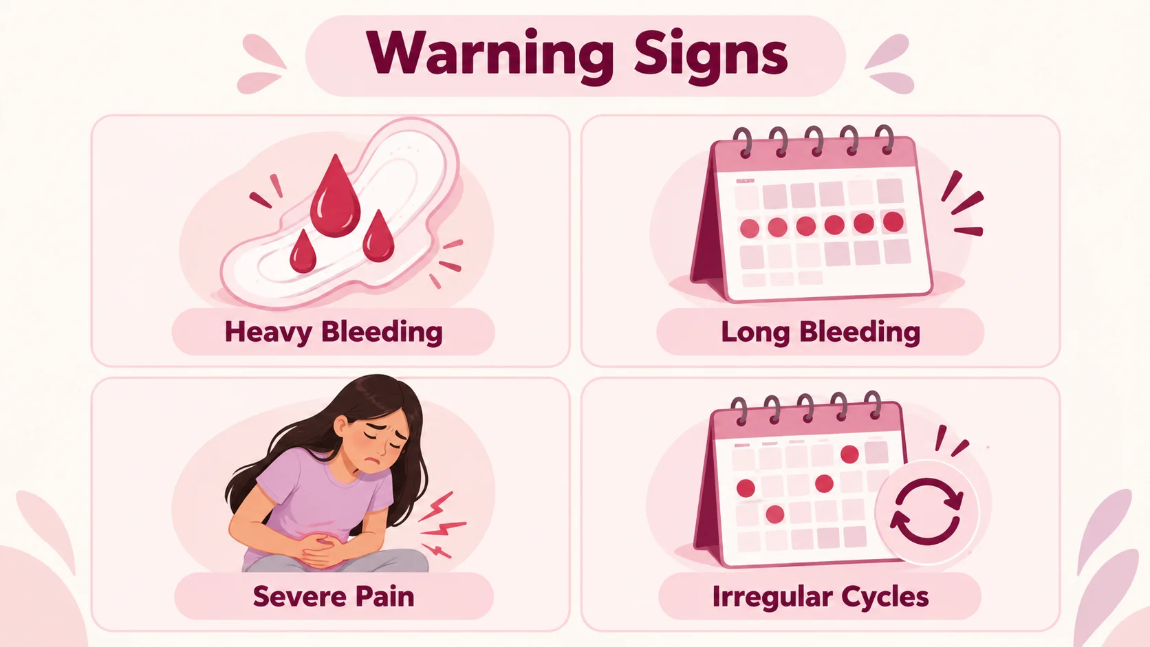 Infographic showing heavy bleeding, prolonged periods, severe pain, irregular cycles.