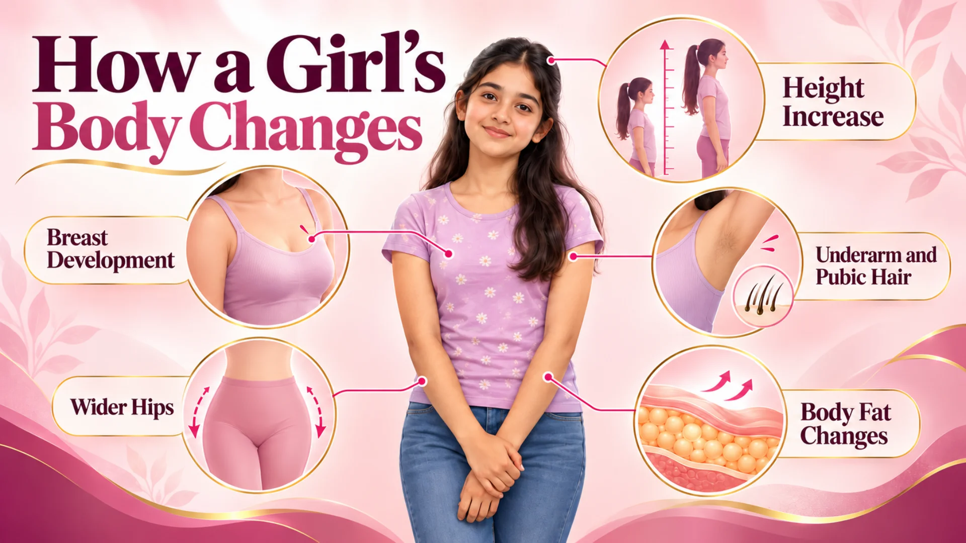 Illustration showing breast development, growth and body changes during puberty.
