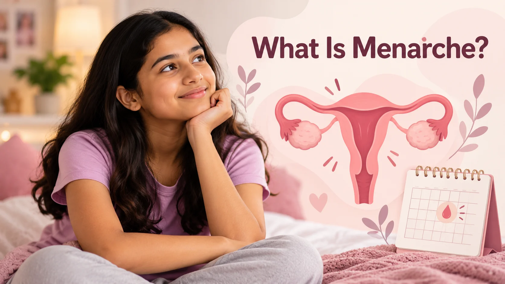 Teenage girl learning about menarche through illustrated female reproductive anatomy.